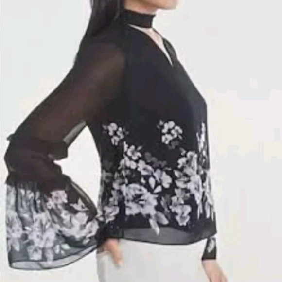 White House Black Market Womens 10 Floral Bell Sleeve Choker Neck Blouse Shirt - Picture 1 of 10